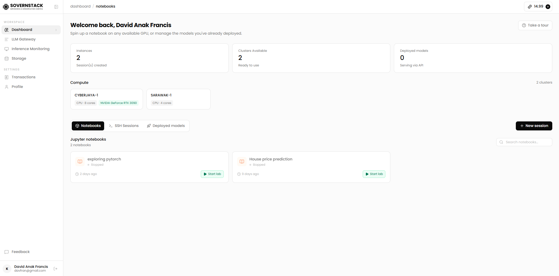 SovernStack workspace and dashboard view